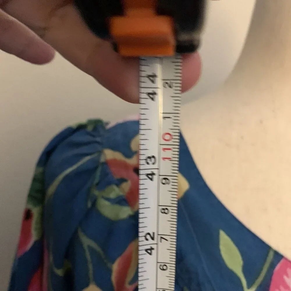 Vintage Ladies Mumu Dress w Pockets Tropical Floral MED Cotton Midi Blue w Pink - Picture 9 of 12